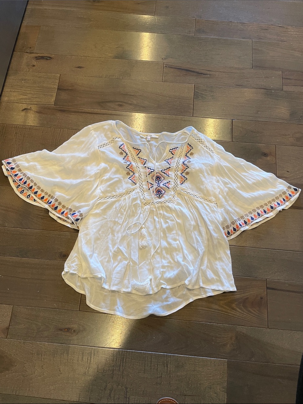 Fringe Studio White Peasant Tunic with Blue & Orange Embroidery
